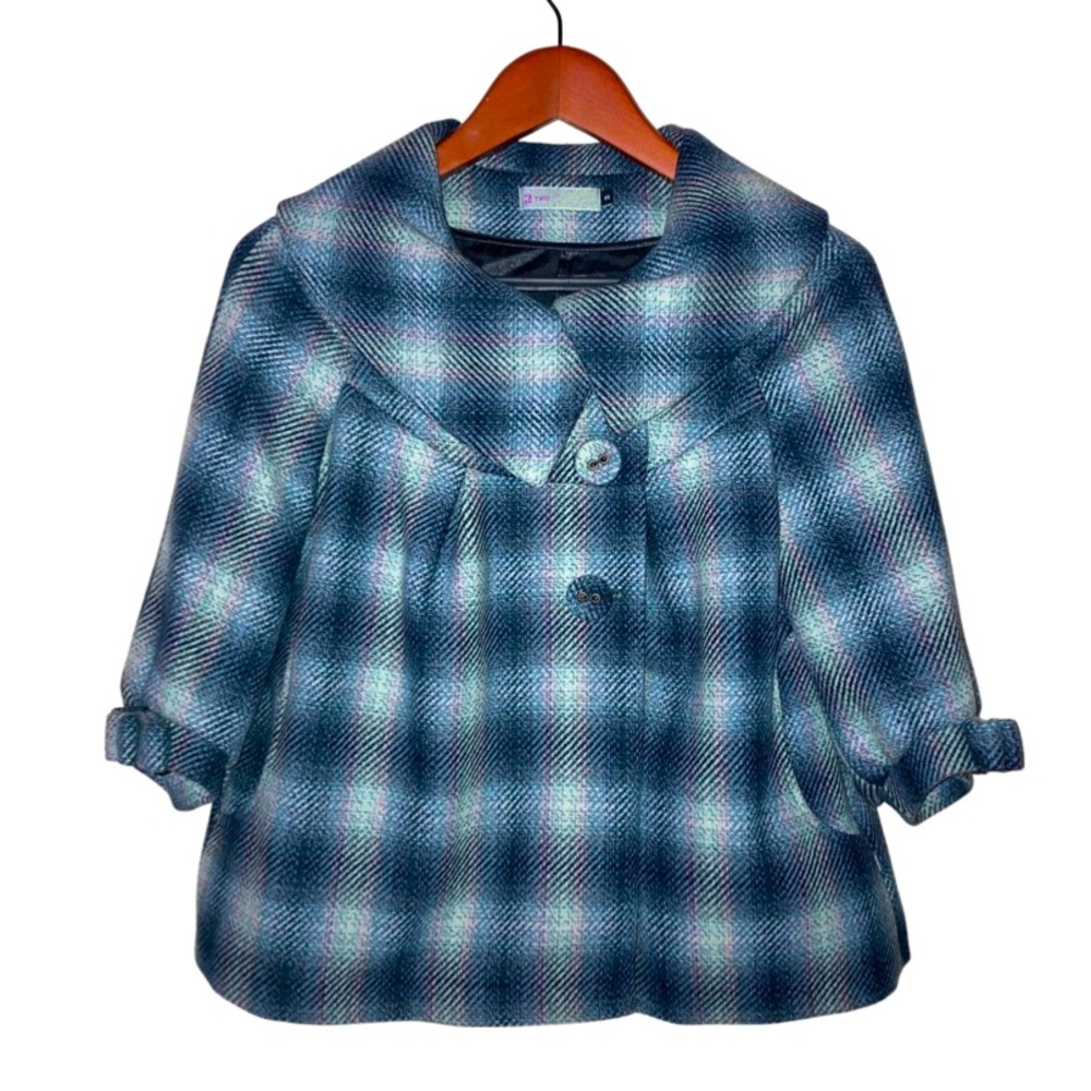 Two New York wool babydoll coat- blue plaid- size XS